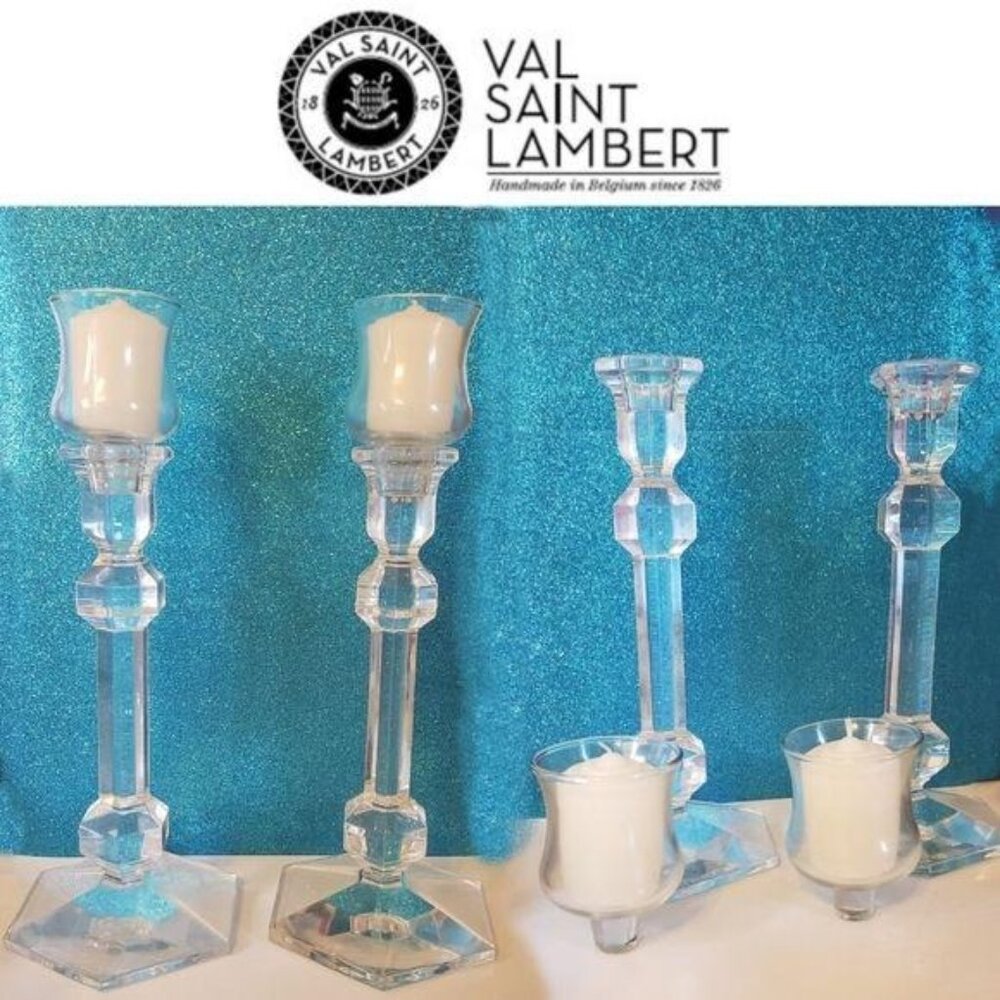 Val Saint Lambert Crystal Candlestick Holders Set Of 2 Belgium Handmade with top